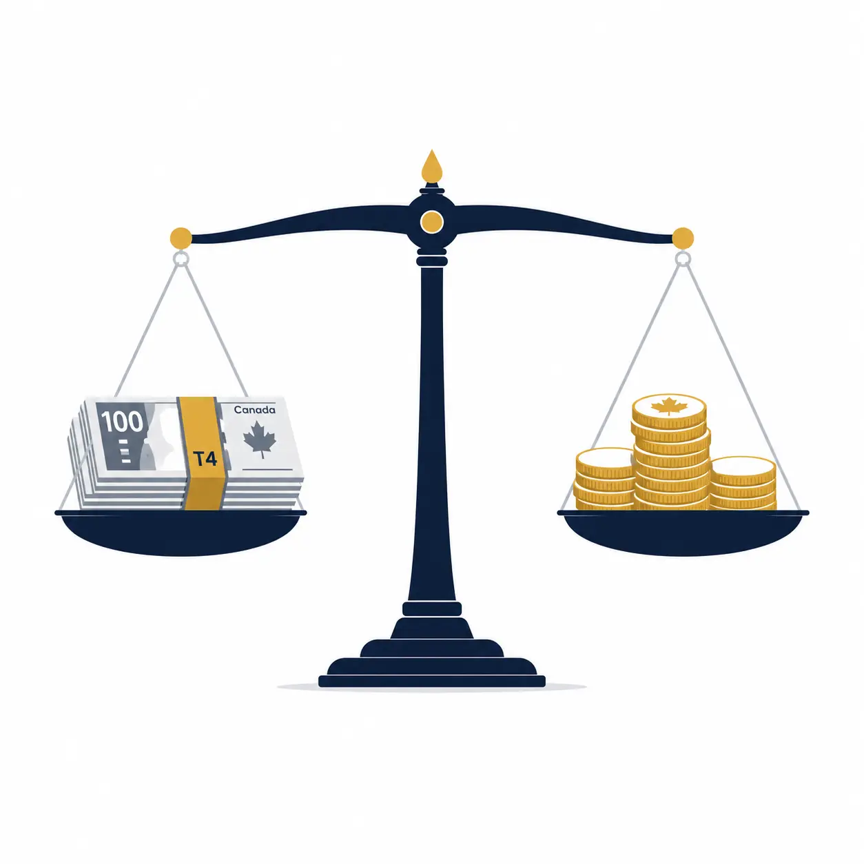 Balance scale comparing Canadian T4 salary cash and gold coins representing dividends