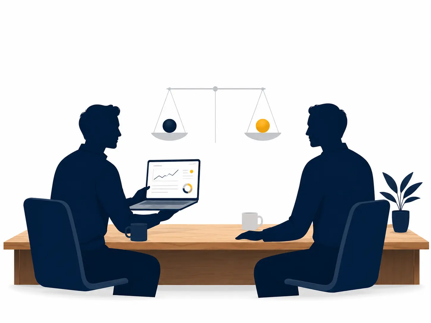 Two people meeting at a desk with a laptop showing analytics and a balance scale above