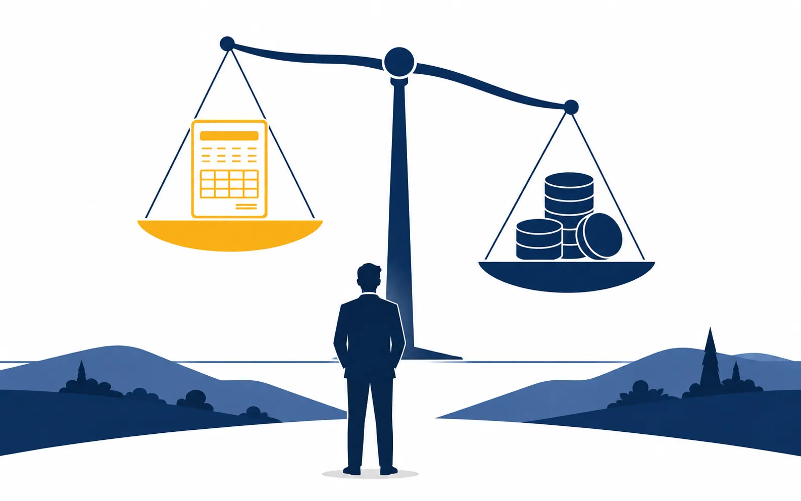 Editorial illustration of a balance scale weighing a calculator against a stack of coins, with an owner-manager silhouette deciding between salary and dividend